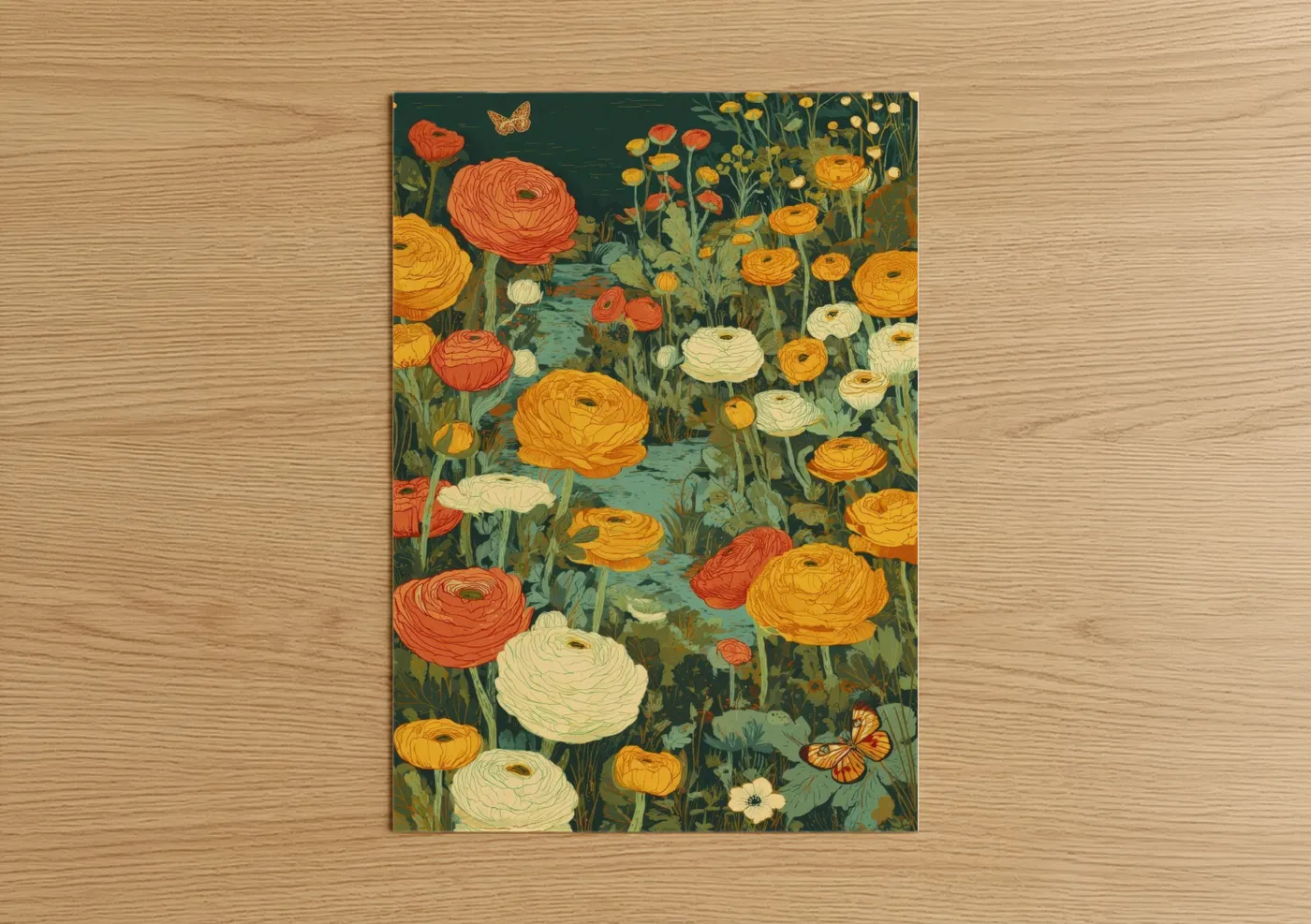 Art print on warm oak wood — gold and teal palette — Golden Ranunculus Garden poster