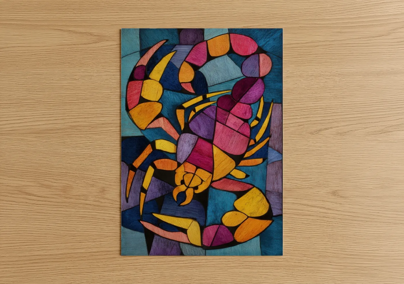 Scorpions art print on warm oak wood — magenta and gold palette — Geometric Scorpion poster
