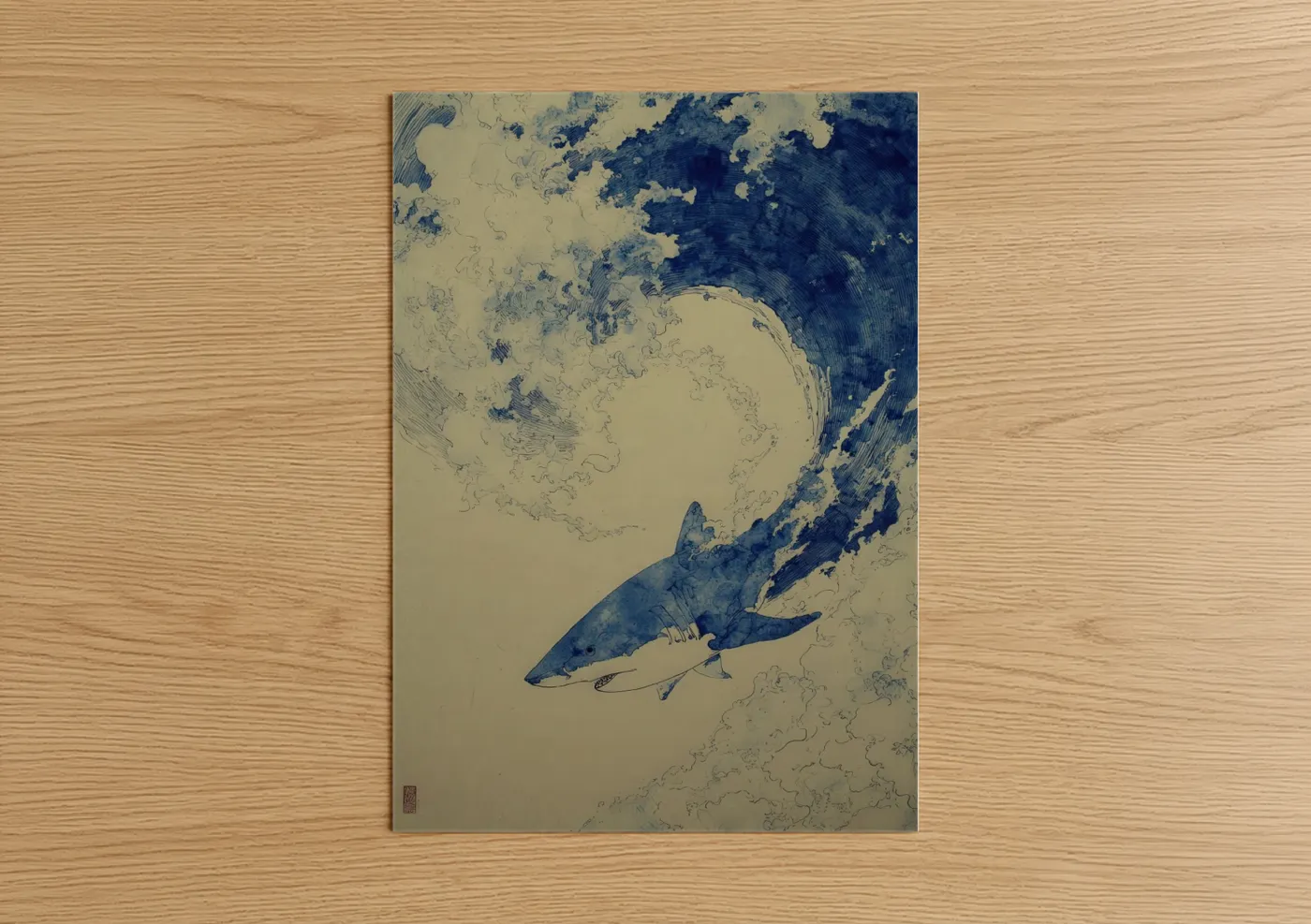Blue Shark Swimming Ocean Watercolor Wall Art
