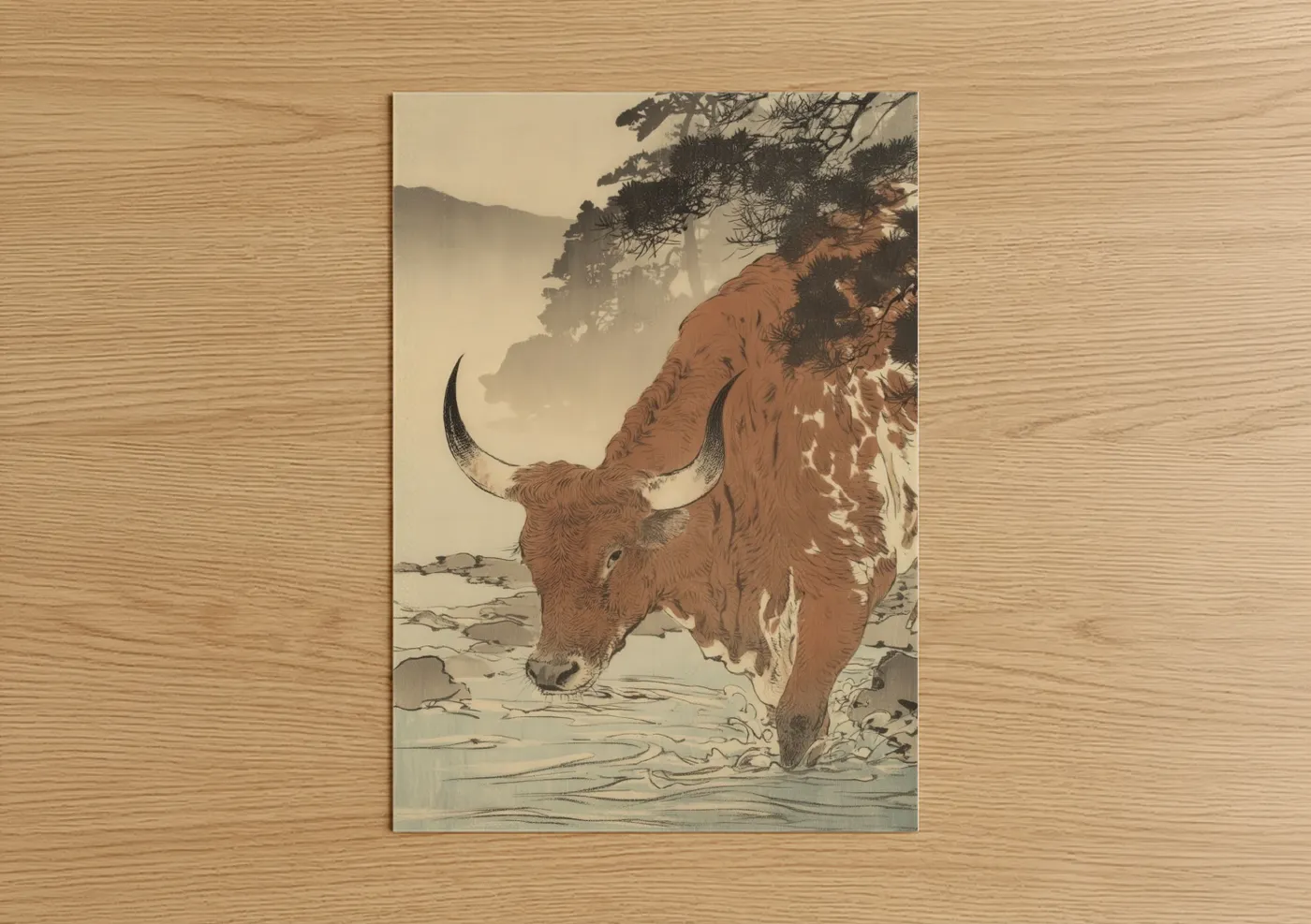 Longhorn cow art print on warm oak wood — beige and russet palette — Mountain Longhorn poster