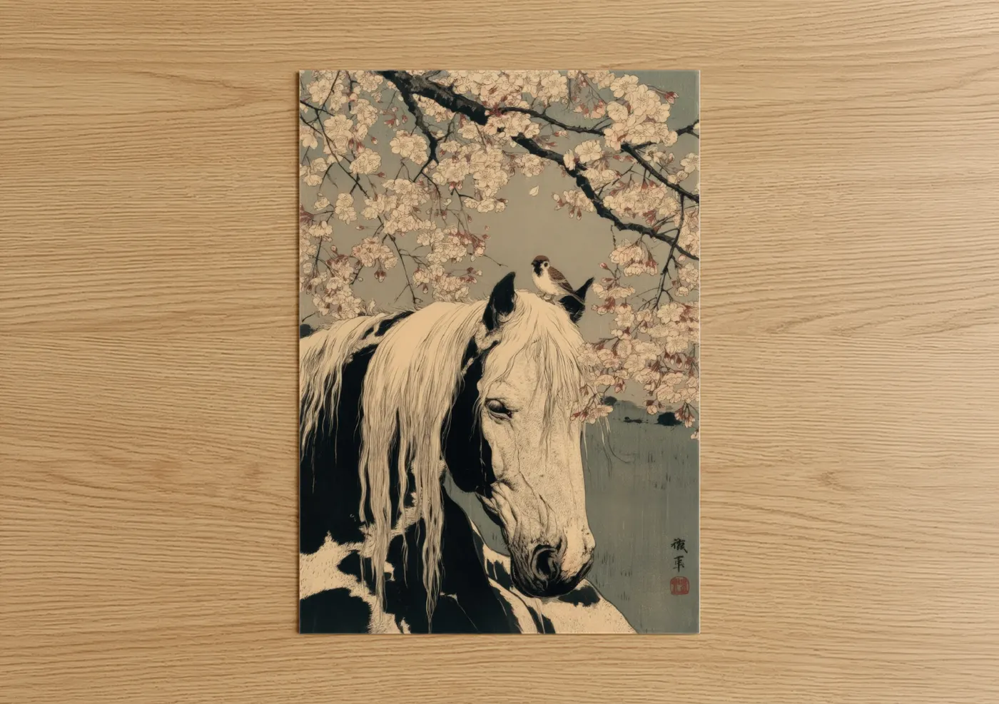 Clydesdale horse art print on warm oak wood — cream and sage green palette — Blossom Clydesdale poster