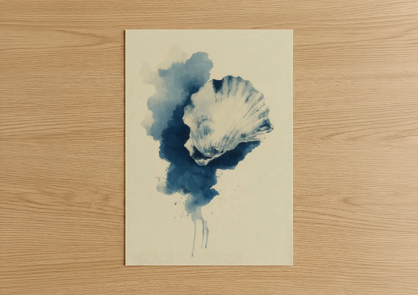 Art print on warm oak wood — blue and cream palette — Indigo Oyster poster