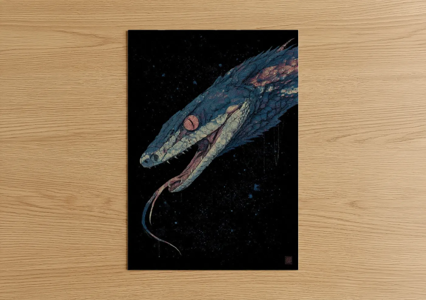 Art print on warm oak wood — blue and rose gold palette — Cosmic Viper poster