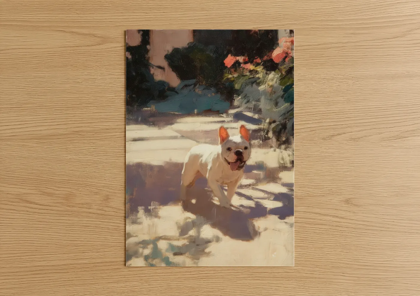 Art print on warm oak wood — cream and gold palette — Sunny Bulldog Portrait poster