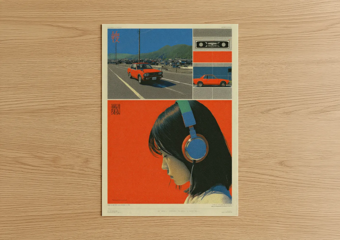 Japanese y2k art print on warm oak wood — orange and blue palette — Retro Orange Girl poster