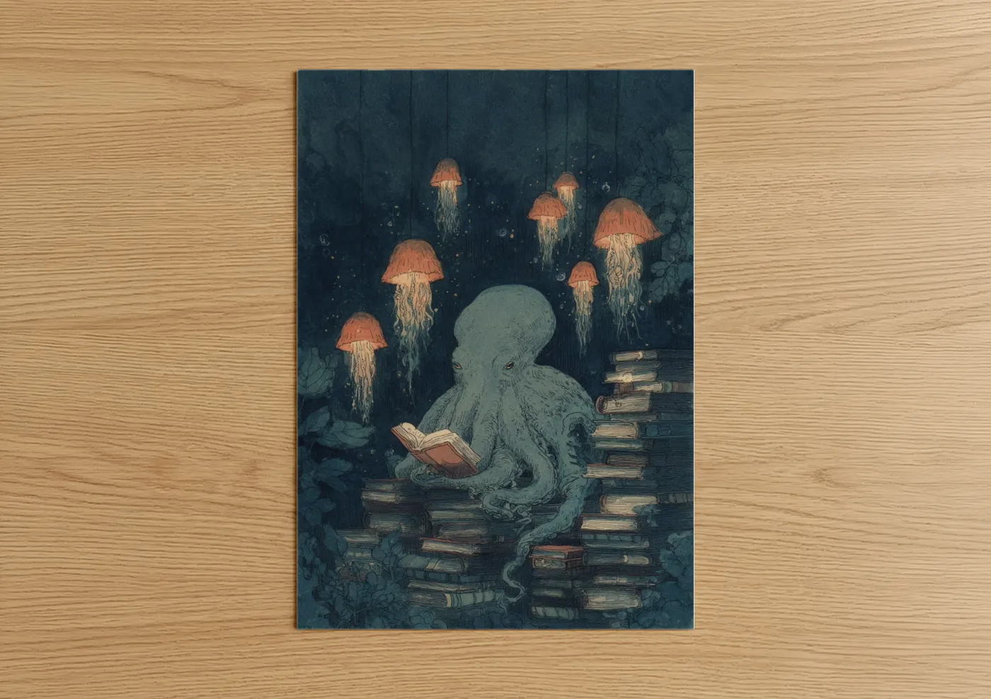 Art print on warm oak wood — dark blue and salmon pink palette — Scholarly Octopus poster