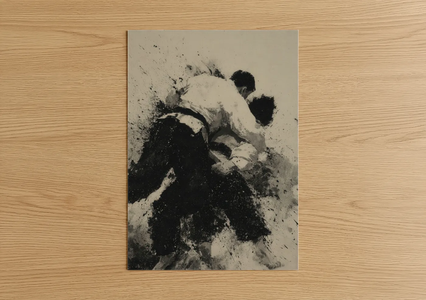 Art print on warm oak wood — black and white palette — Dynamic Judo Throw poster