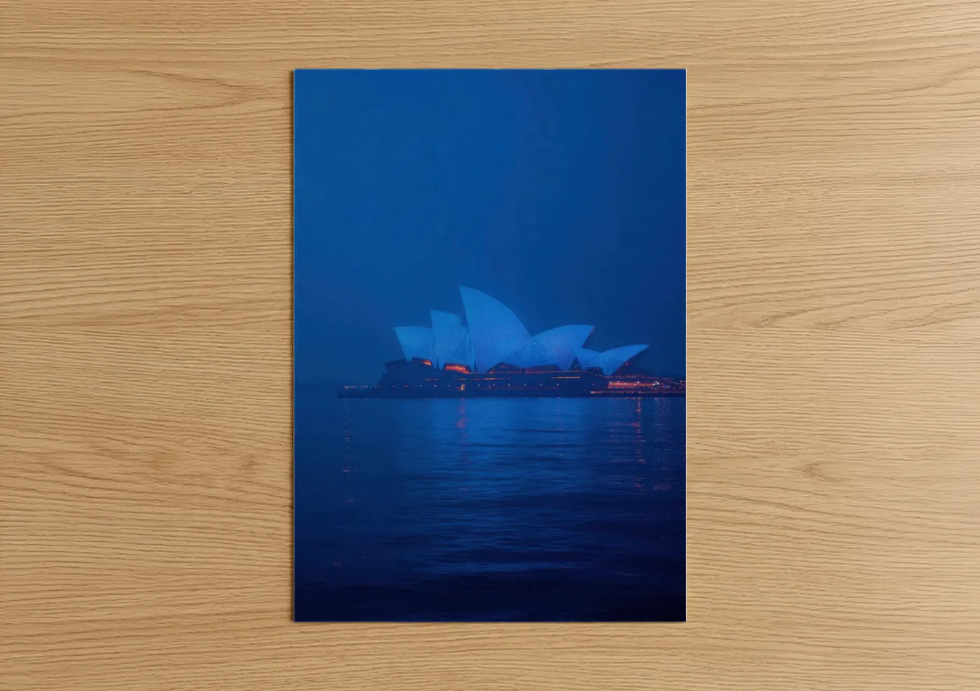 Monuments art print on warm oak wood — dark blue and blue palette — Sydney Opera Blue poster