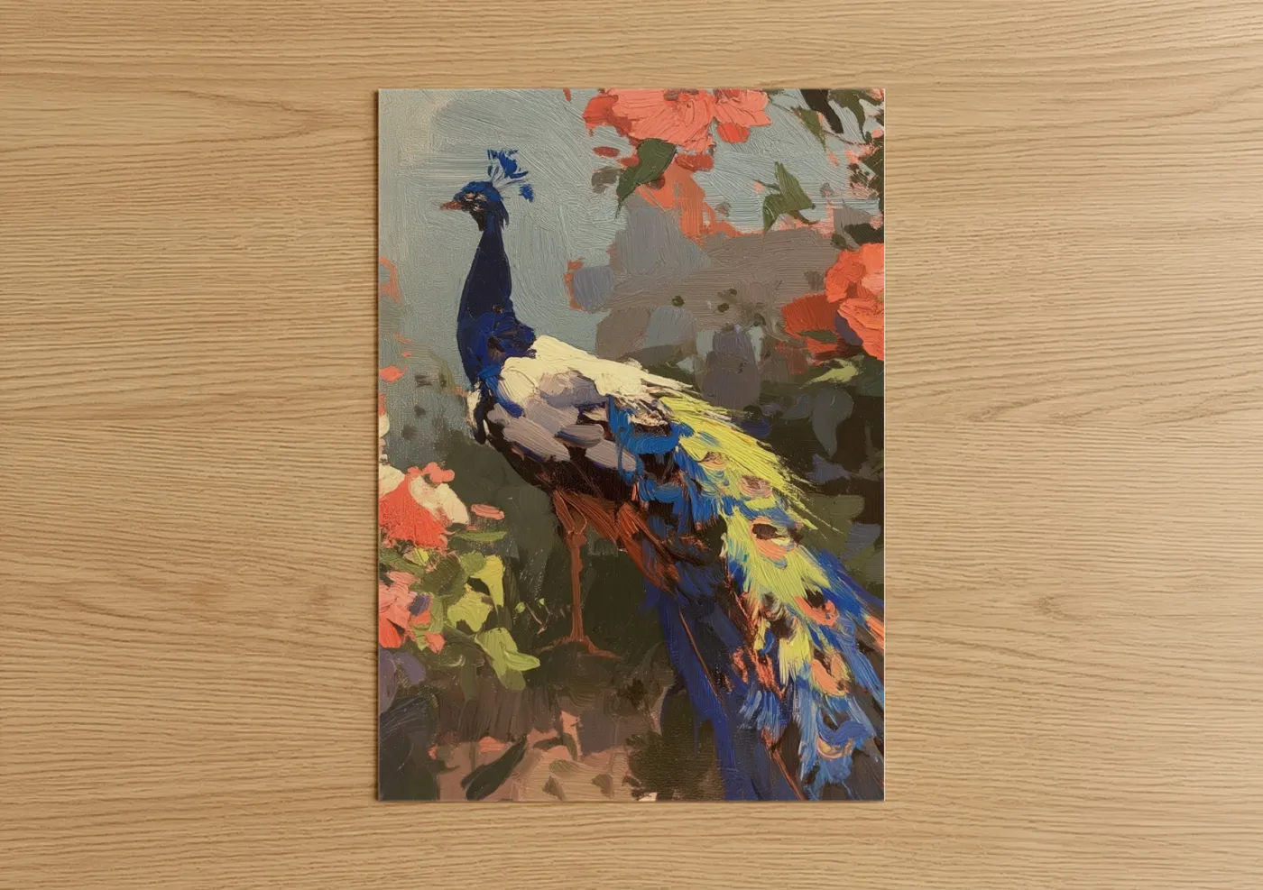 Crimson Peacock with Vibrant Flowers Wall Art