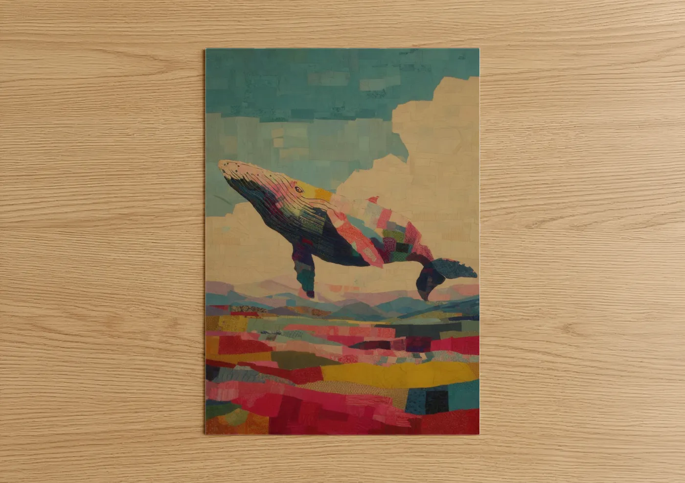 Humpback whale art print on warm oak wood — teal and gold palette — Colorful Whale poster
