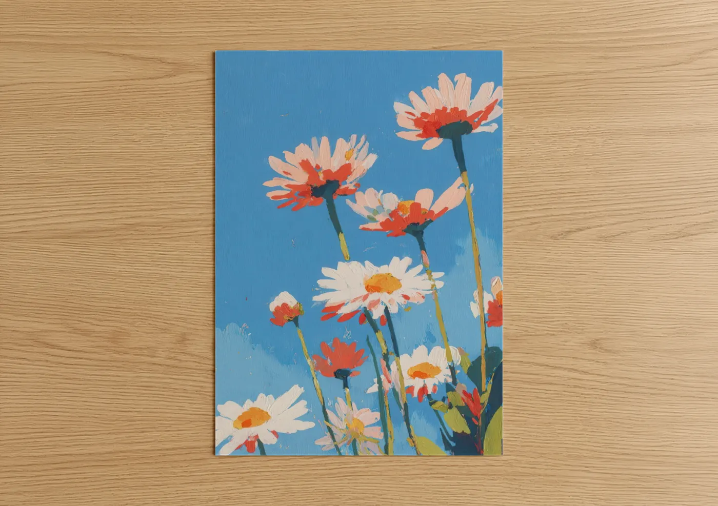 Art print on warm oak wood — blue and peach palette — Cheerful Daisy Sky poster