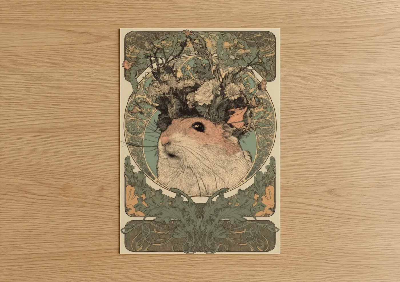 Botanical Hamster Art Nouveau Illustration Wall Art
