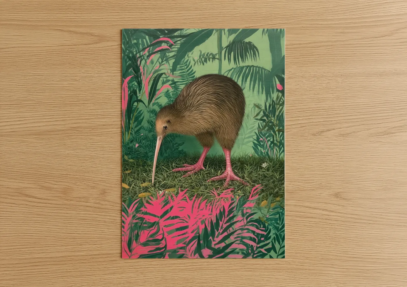 Art print on warm oak wood — light green and magenta palette — Tropical Kiwi poster