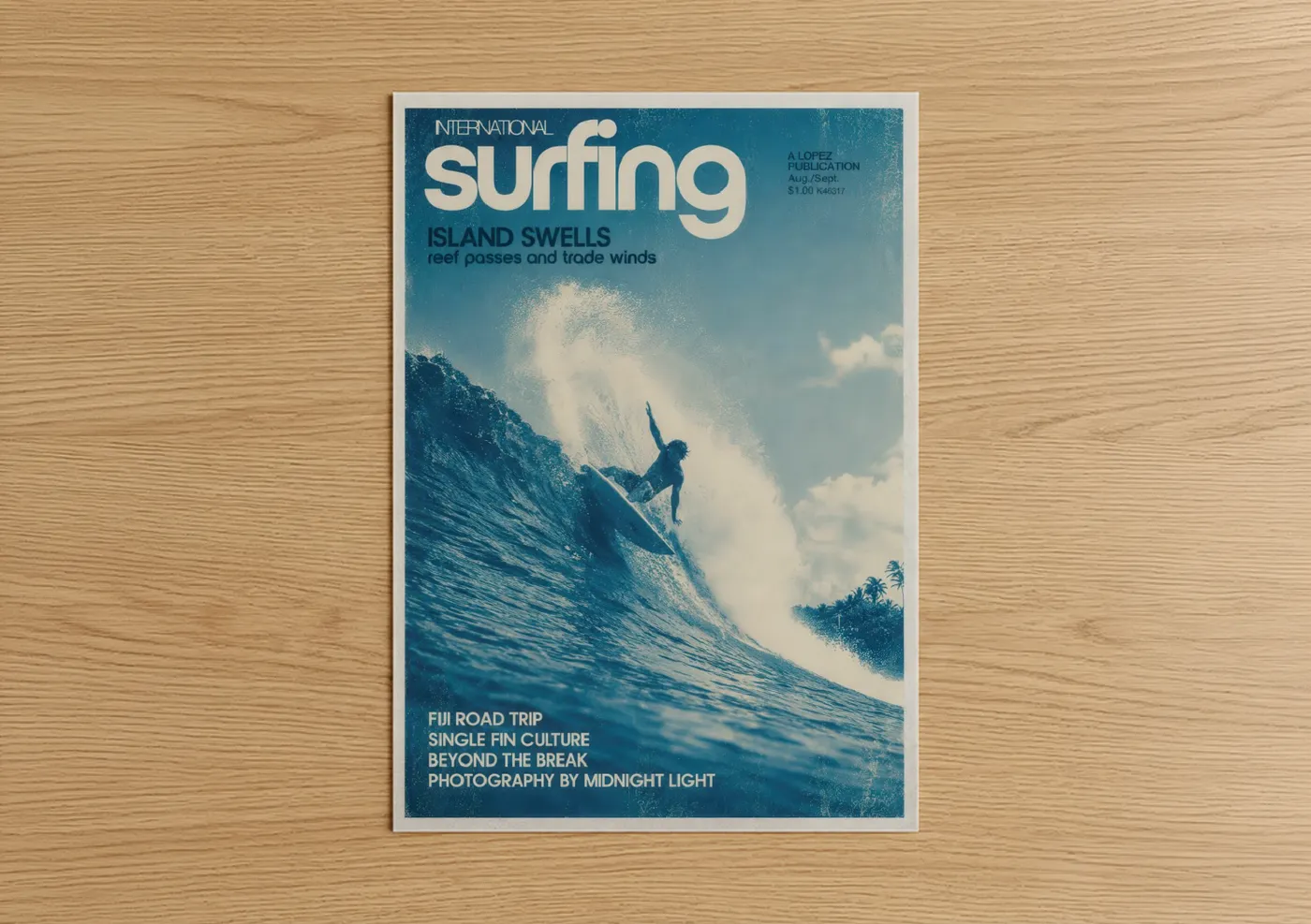 Art print on warm oak wood — blue and teal palette — Vintage Surfing Magazine Cover Wall Art poster