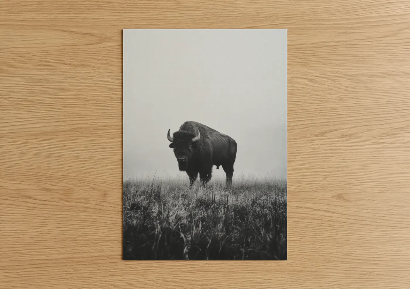 Art print on warm oak wood — black and white and gray palette — Misty Bison poster