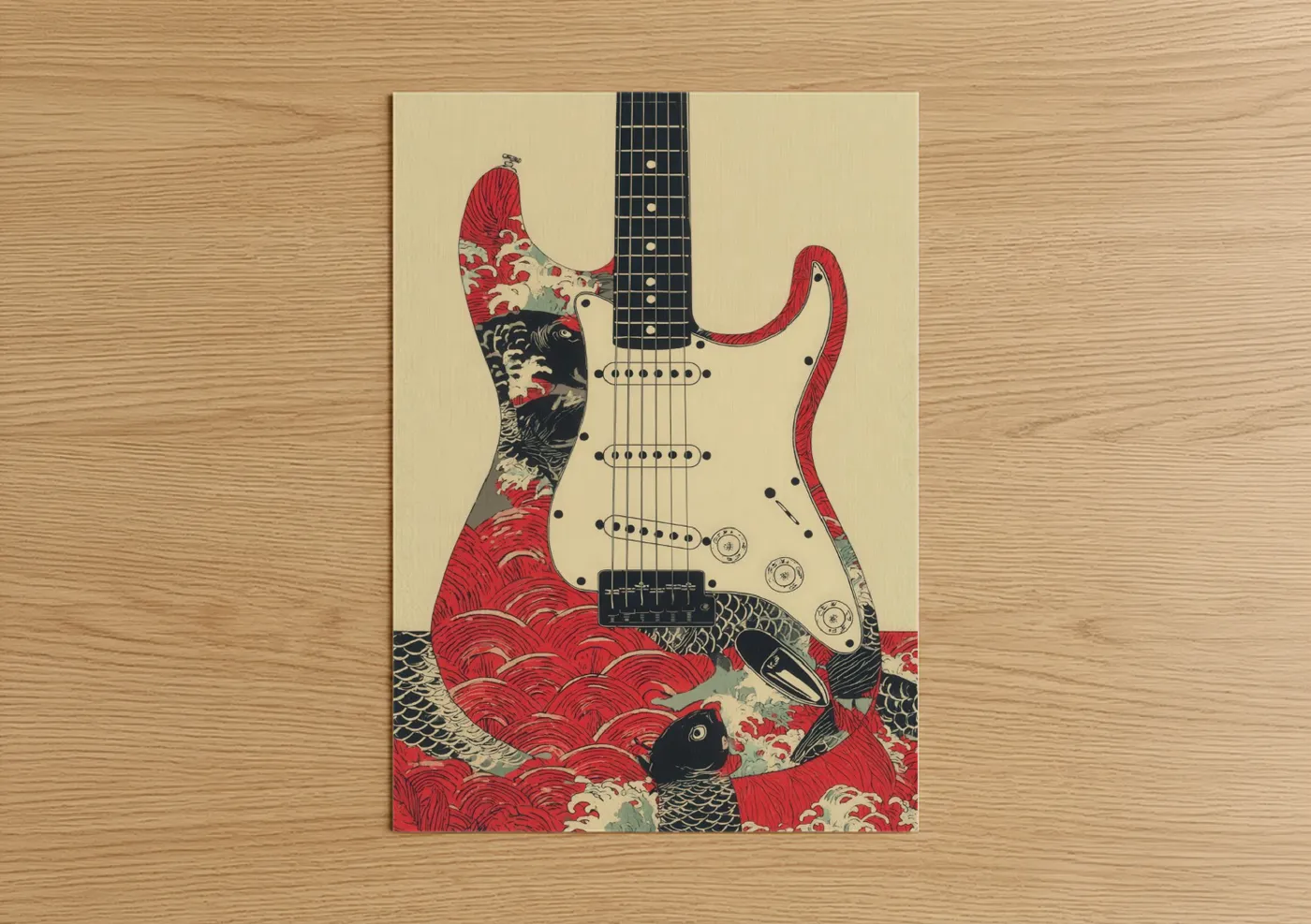 Electric guitar art print on warm oak wood — red and cream palette — Crimson Koi Guitar poster