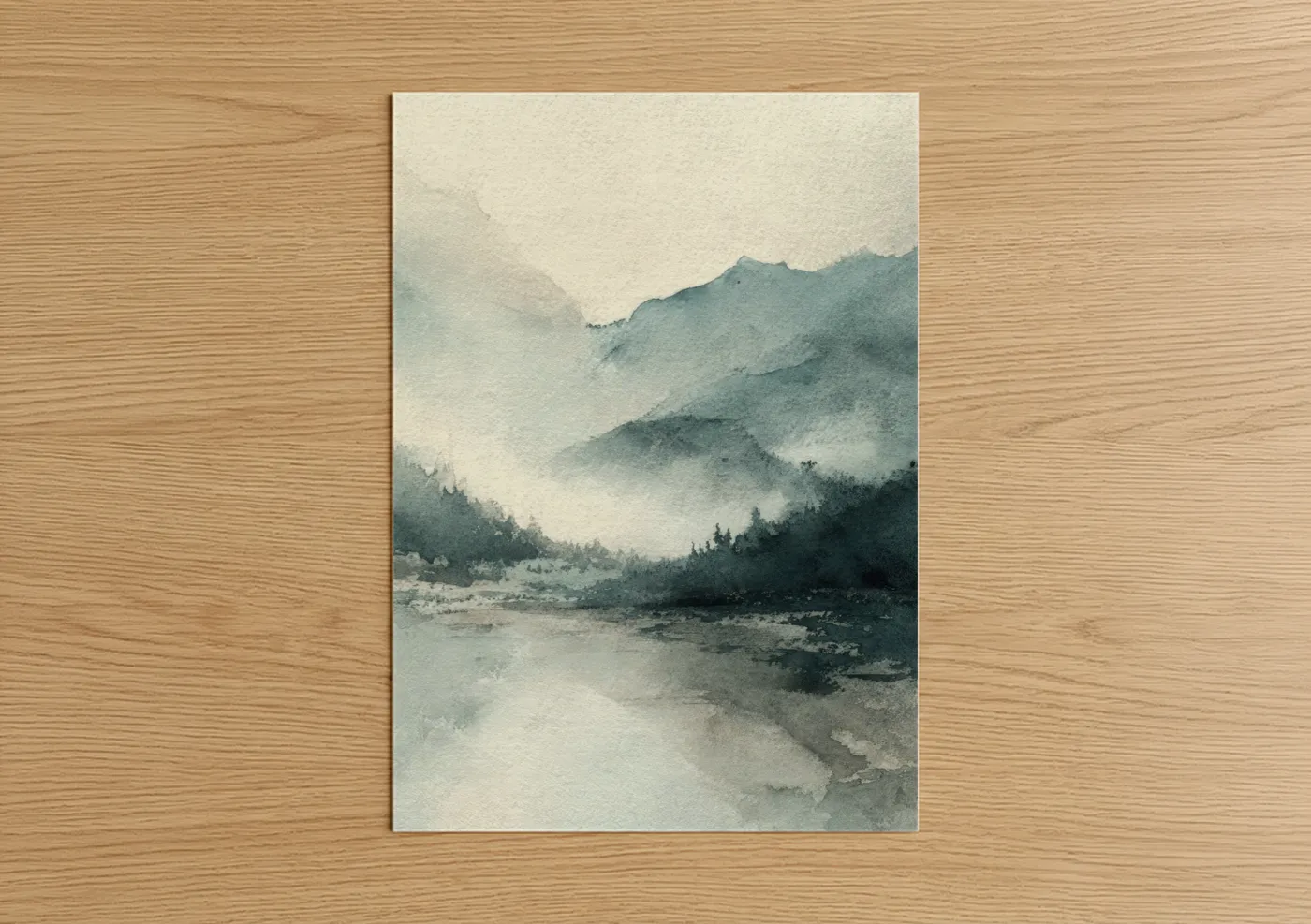 Art print on warm oak wood — gray and blue and white palette — Misty Glacier Valley poster