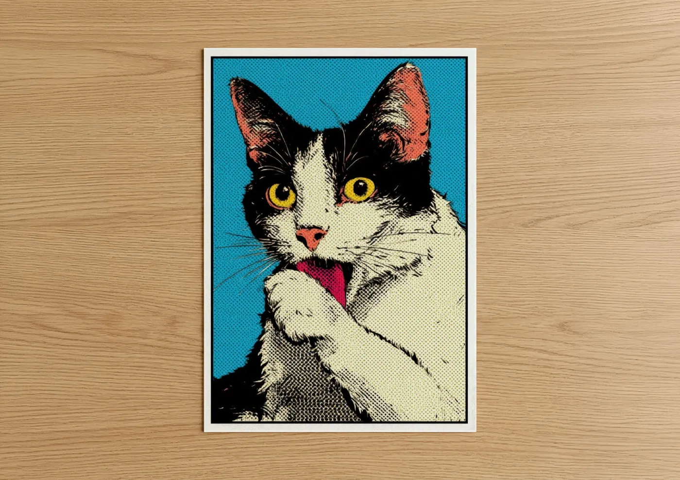 Pop Art Cat Yellow Eyes Blue Background Wall Art