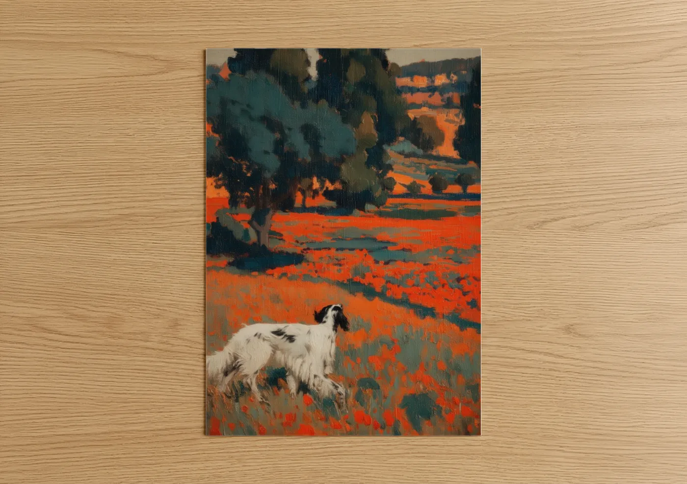 Art print on warm oak wood — orange and teal palette — Russet Field Setter poster