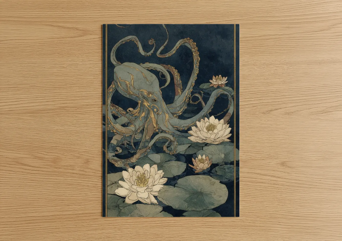 Art print on warm oak wood — dark blue and gold and white palette — Gilded Octopus poster