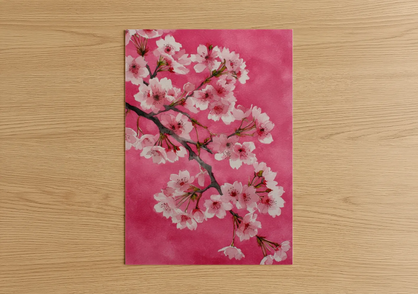 Art print on warm oak wood — pink and magenta palette — Pink Cherry Blossoms poster