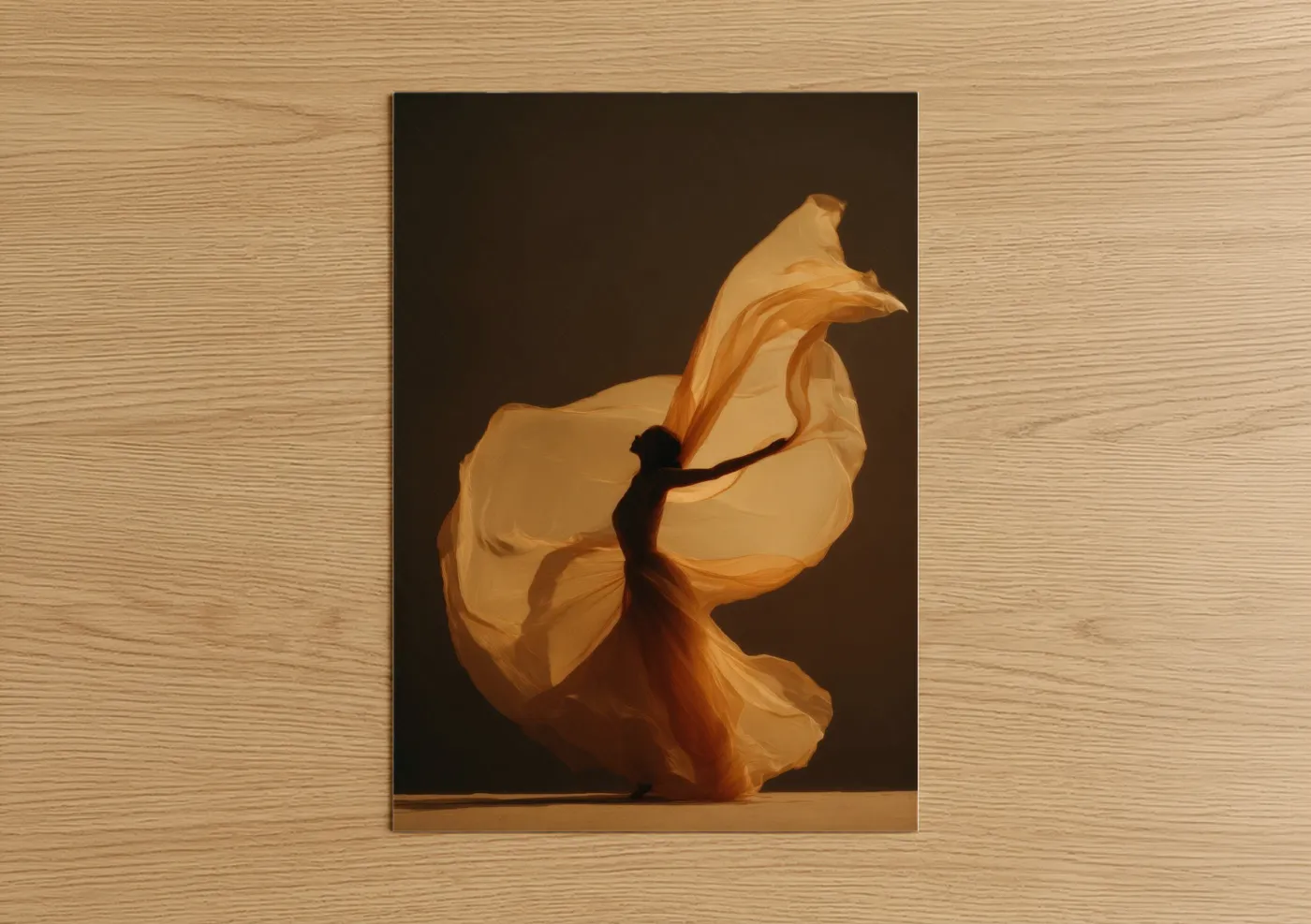 Belly dance art print on warm oak wood — gold and brown palette — Golden Flow poster