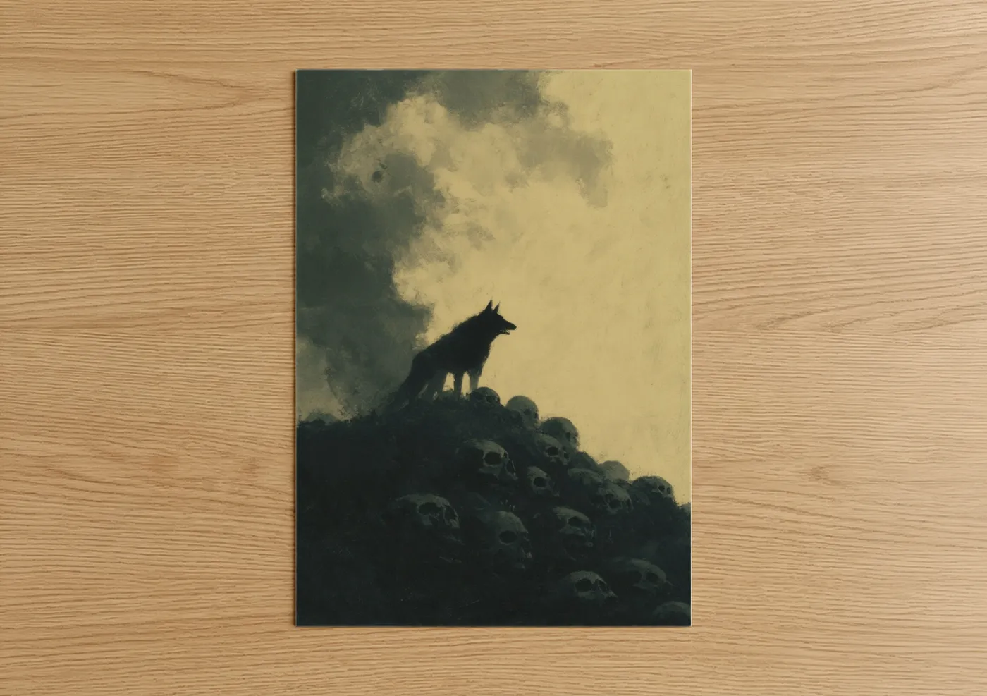 Art print on warm oak wood — gray and cream palette — Skull Cerberus poster