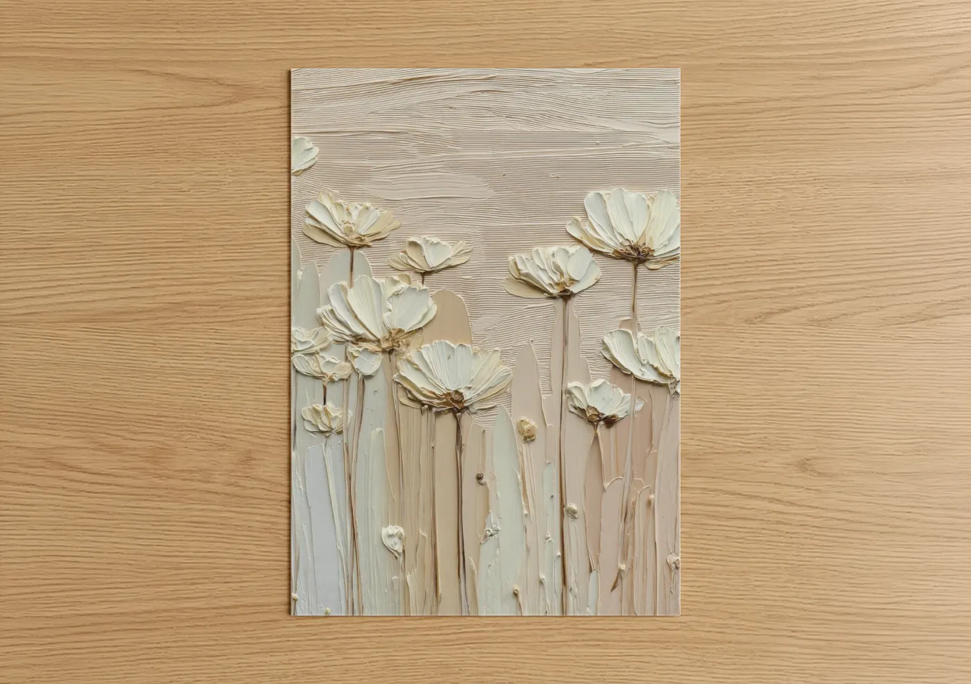 Abstract flower art print on warm oak wood — cream and beige palette — Textured Cosmos poster