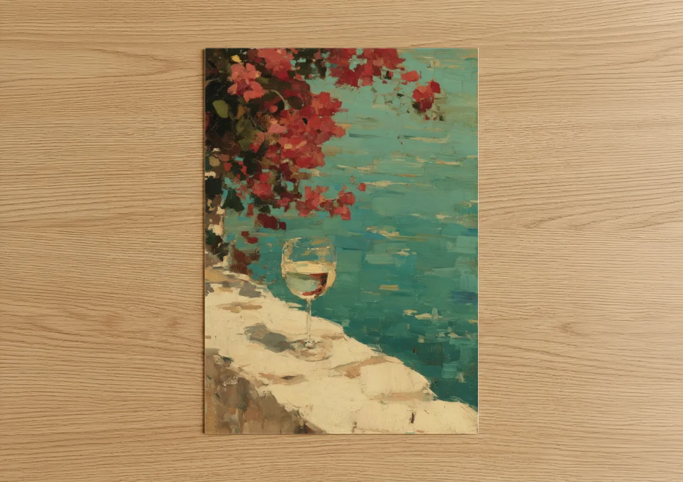 White wine art print on warm oak wood — turquoise and red palette — Coastal Wine Escape poster