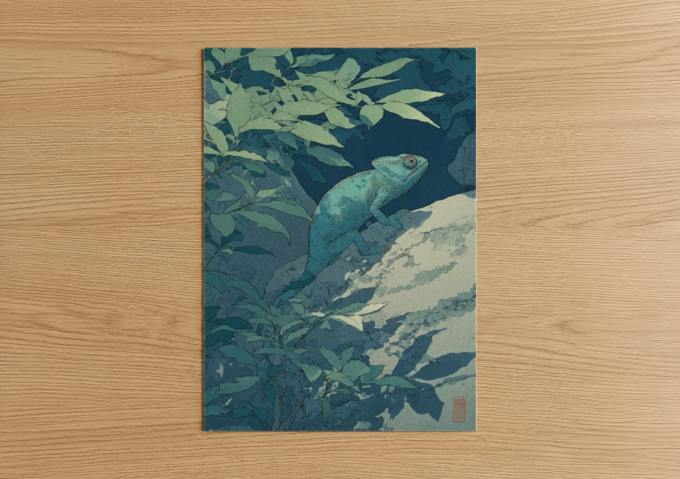 Art print on warm oak wood — teal and light green palette — Turquoise Chameleon poster