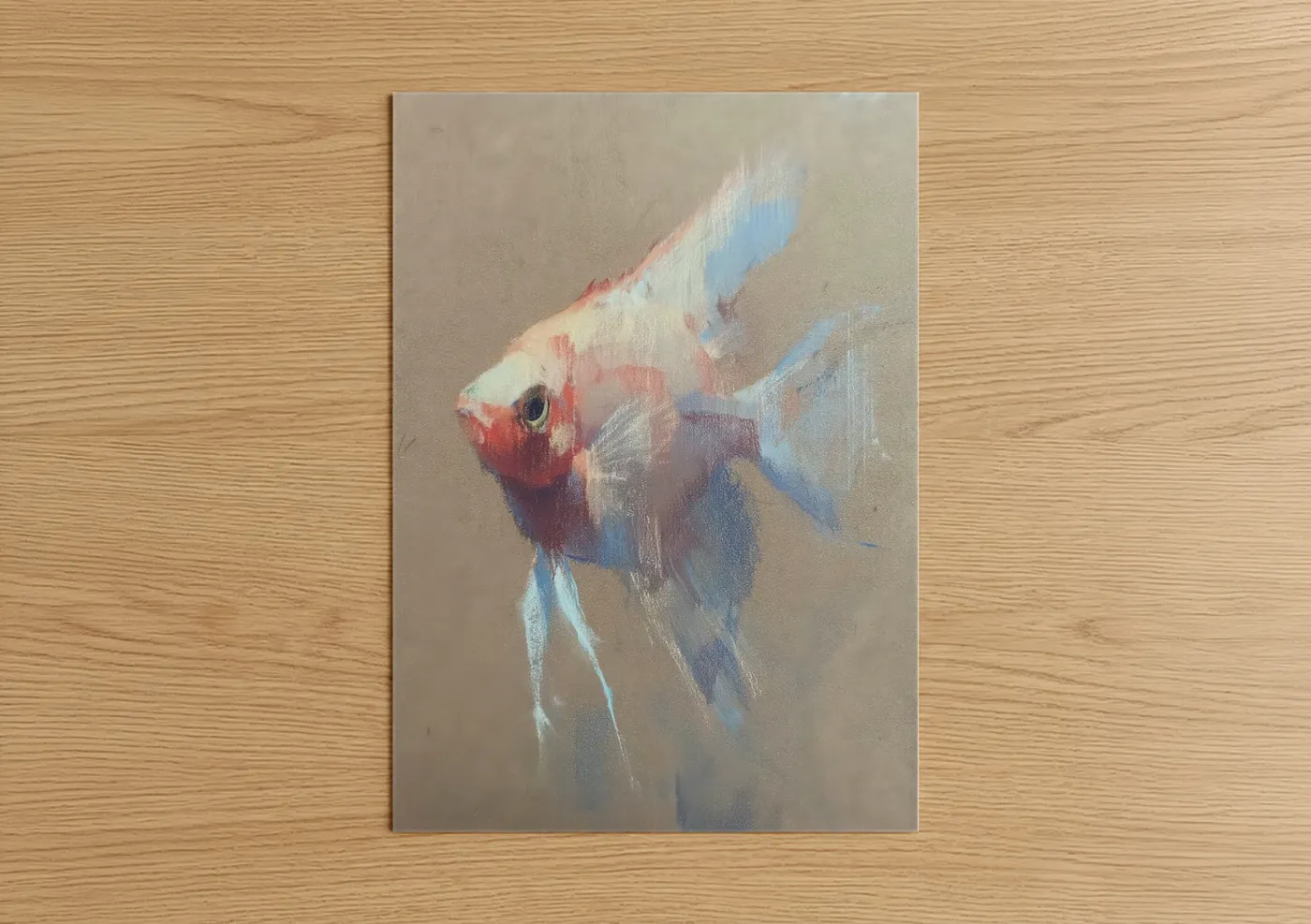 Art print on warm oak wood — red and blue palette — Crimson Angel Fish poster