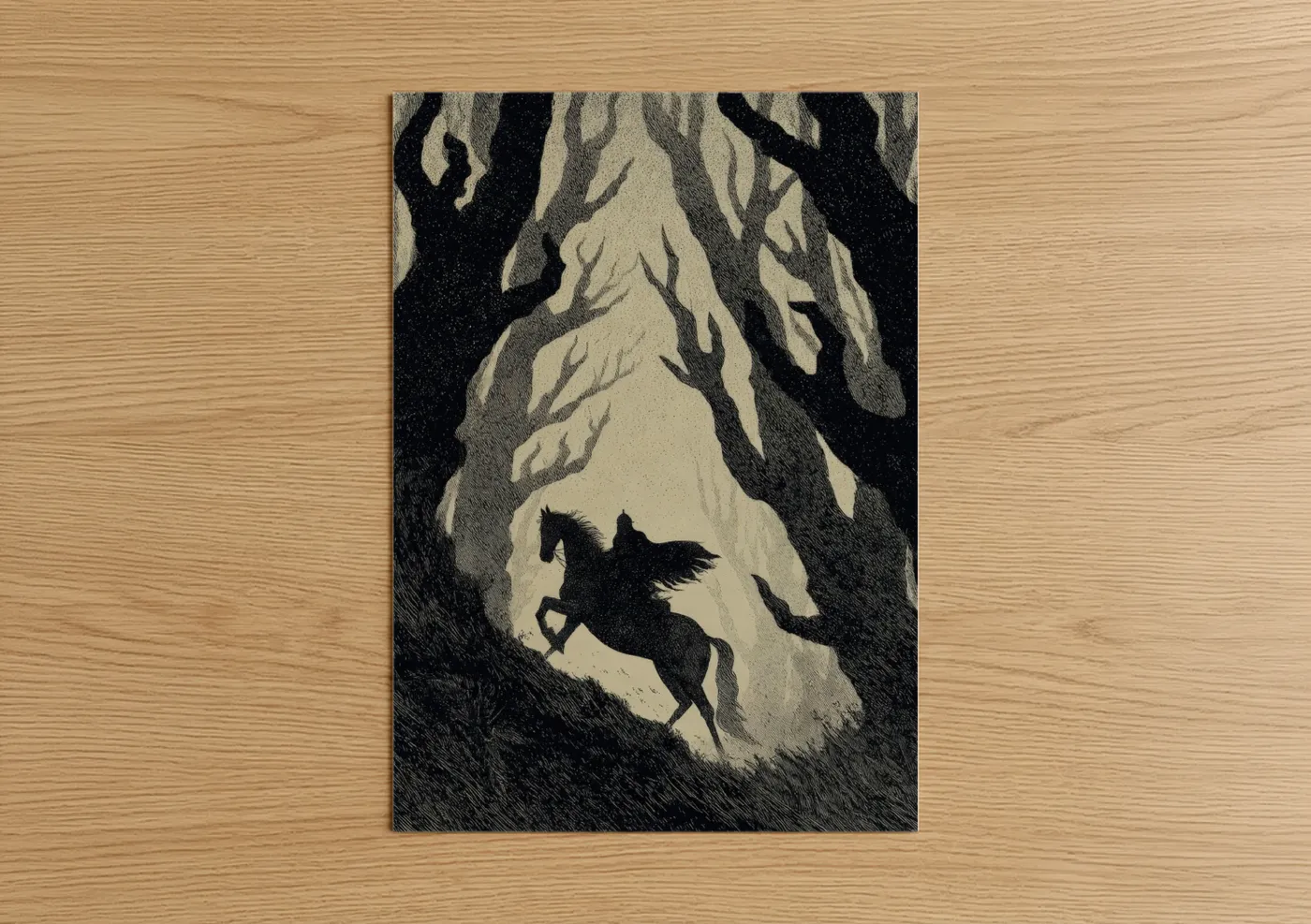 Dark Fantasy Horse Rider Forest Silhouette Wall Art