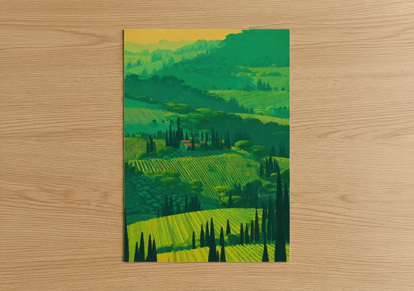 Wineries and cellars art print on warm oak wood — gold and true green palette — Tuscan Vineyard poster