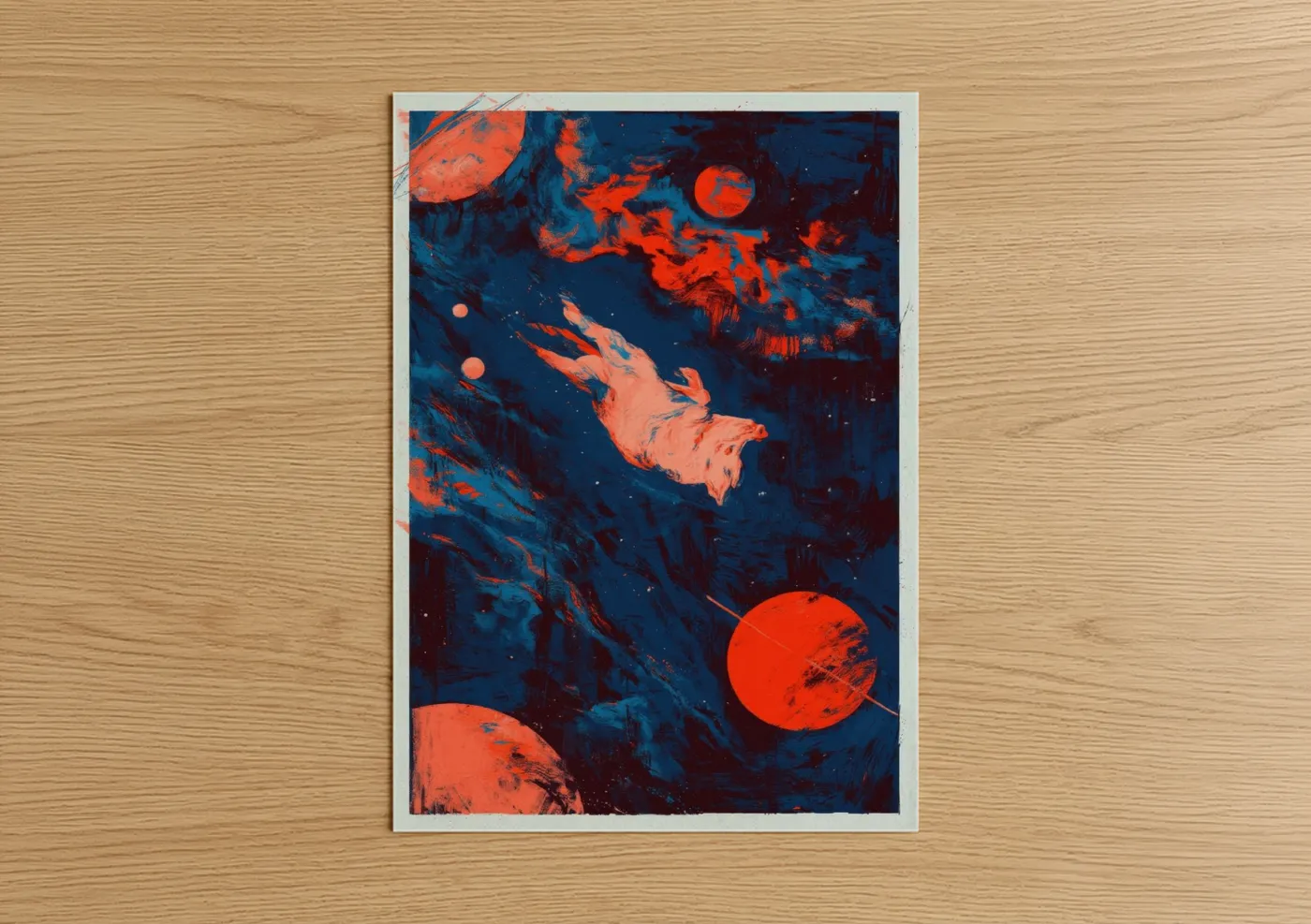 Art print on warm oak wood — blue and red palette — Cosmic Pig poster