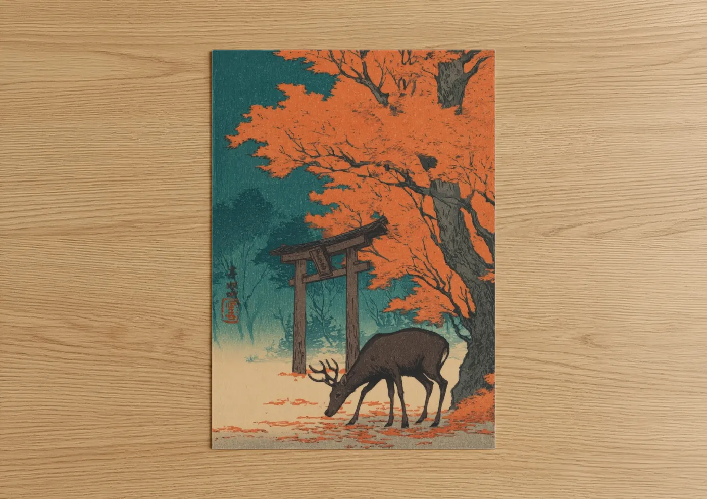 Art print on warm oak wood — orange and teal palette — Autumn Elk poster