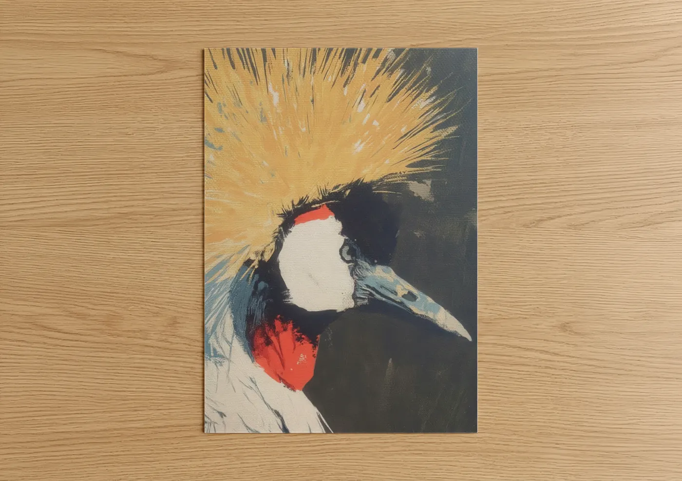 Art print on warm oak wood — yellow gold and black palette — Golden Crowned Crane poster