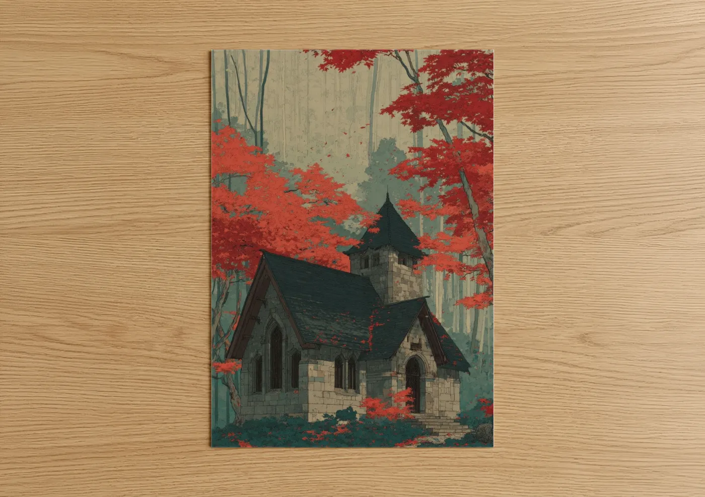 Crimson Chapel Forest Autumn Watercolor Wall Art