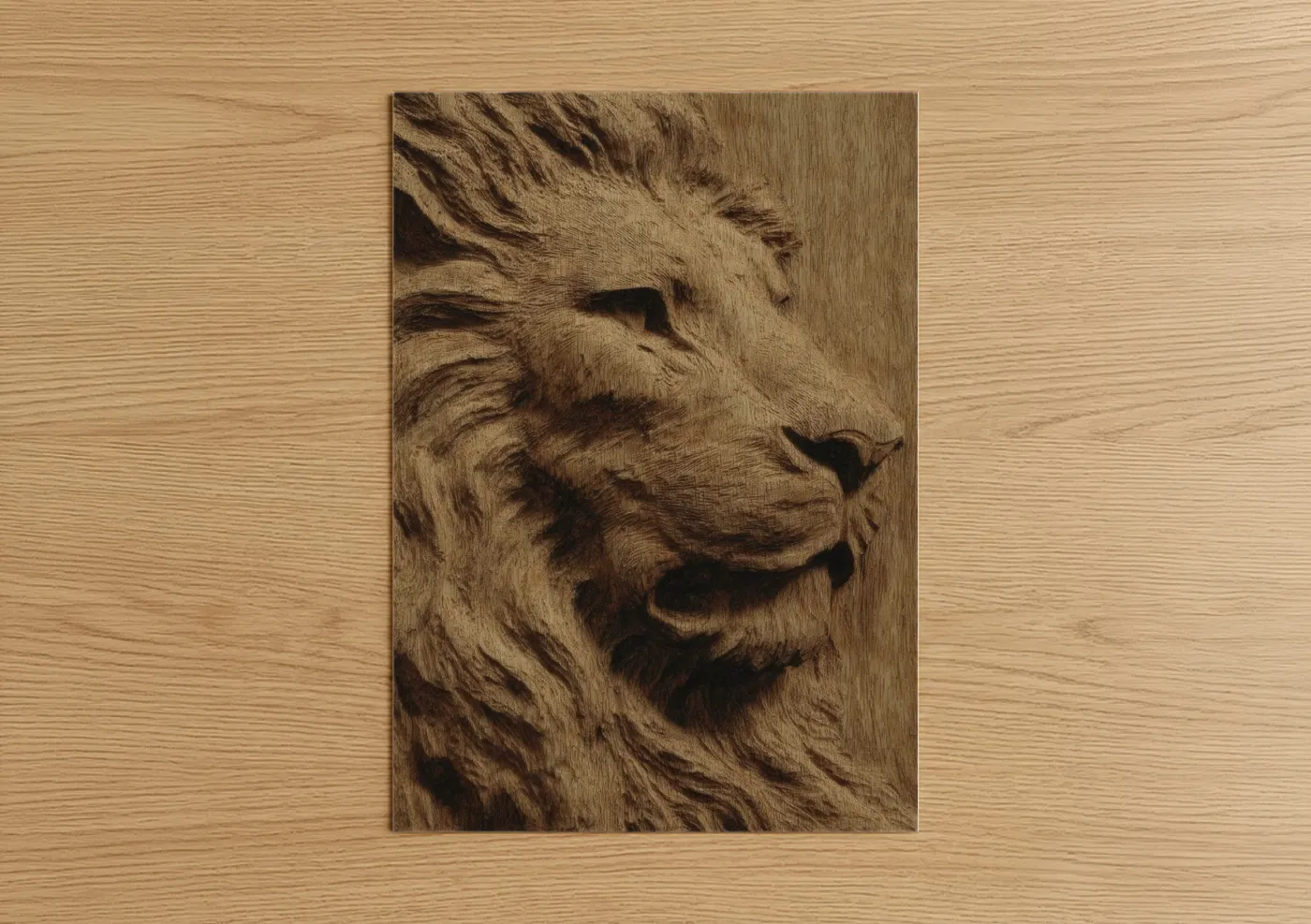 Woodcarving art print on warm oak wood — brown and beige palette — Majestic Lion Carving poster