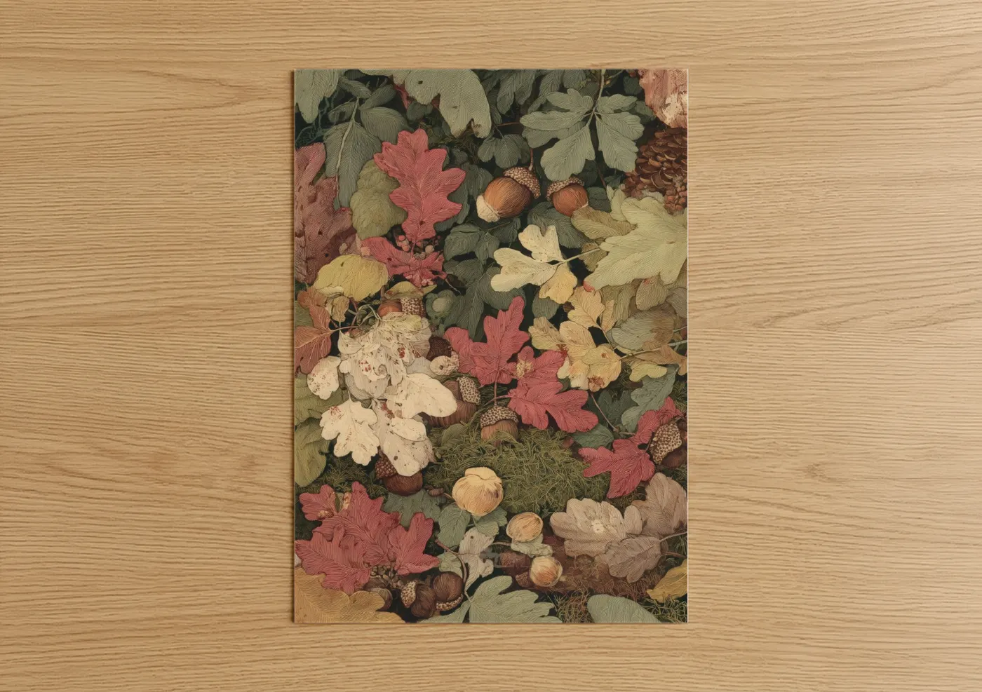 Art print on warm oak wood — sage green palette — Autumn Harvest Garden poster