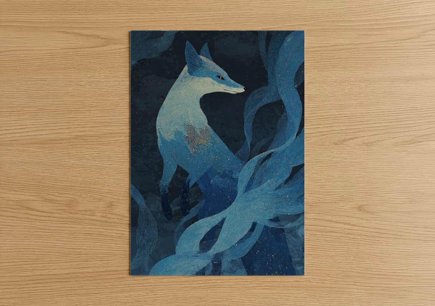 Art print on warm oak wood — blue and gold palette — Mystic Fox poster