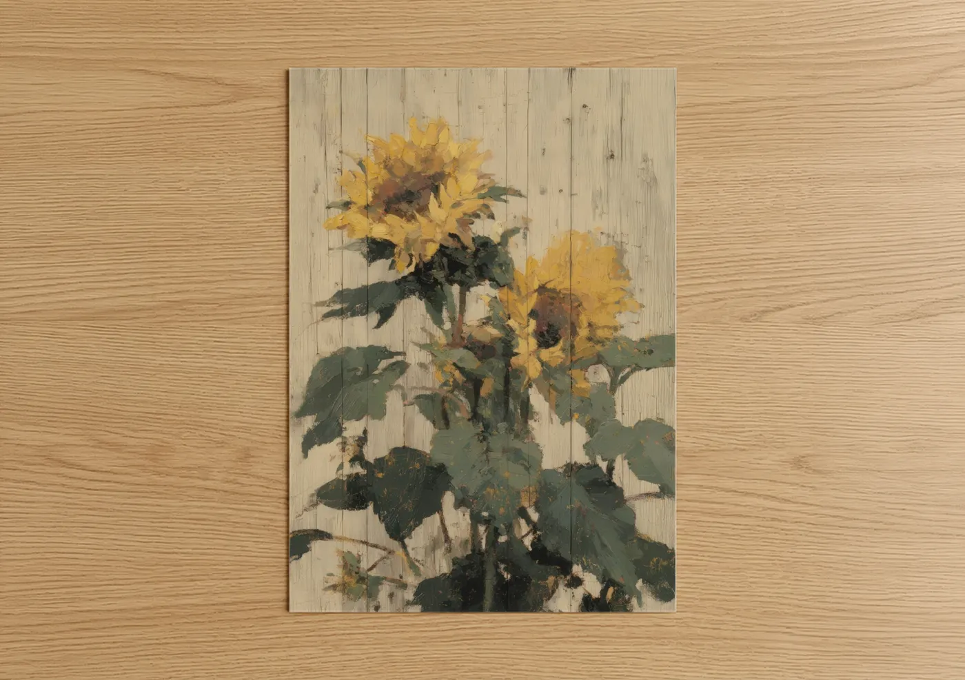 Art print on warm oak wood — yellow gold and dark green palette — Golden Sunflower Rustic poster