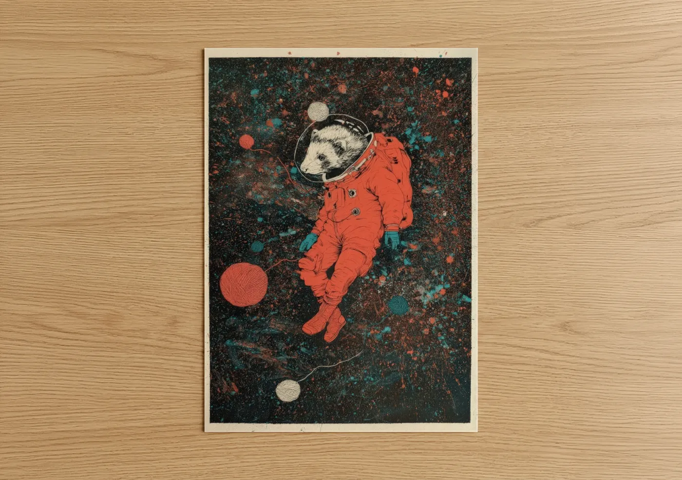 Art print on warm oak wood — red and teal palette — Cosmic Ferret poster