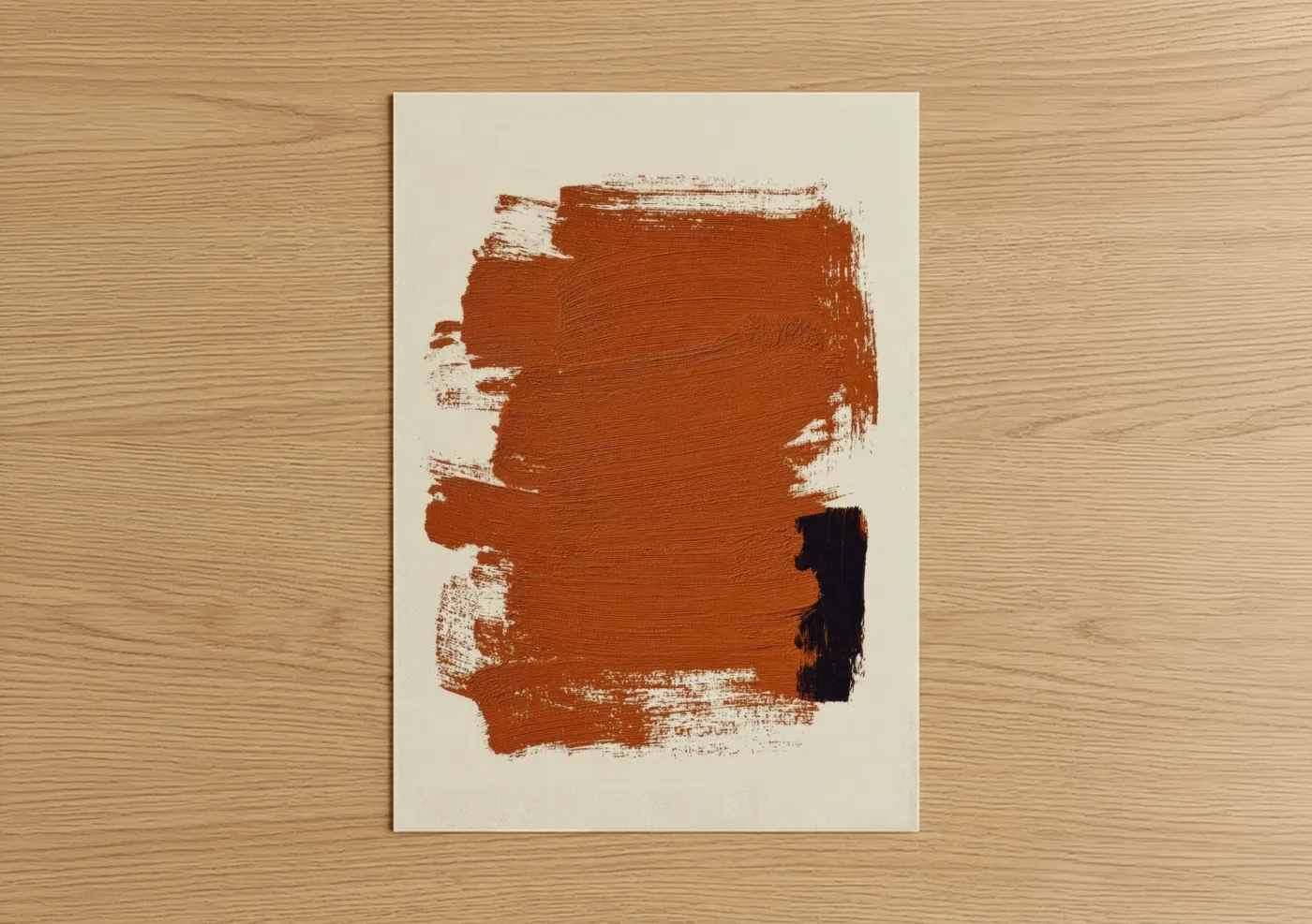 Abstract minimalist art print on warm oak wood — russet and cream palette — Russet Abstract Gesture poster