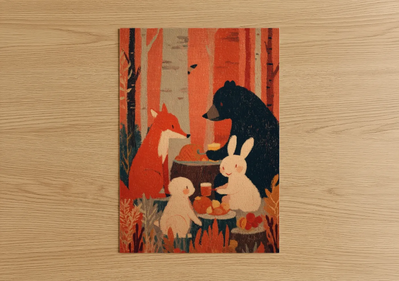 Art print on warm oak wood — red and orange palette — Forest Thanksgiving Gathering poster