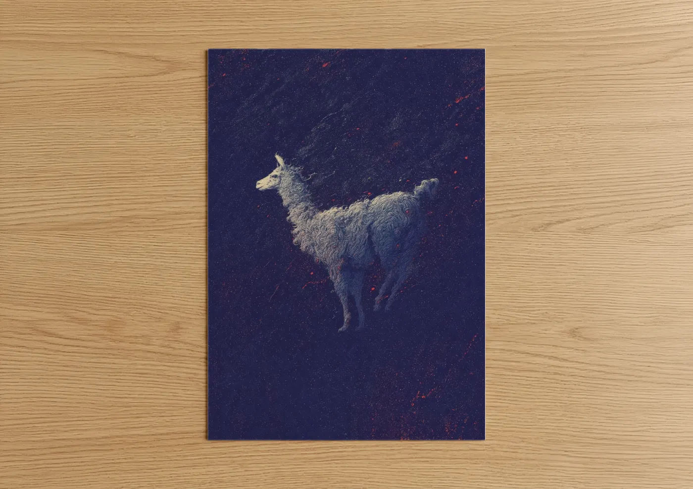 Art print on warm oak wood — dark blue and white palette — Celestial Llama poster