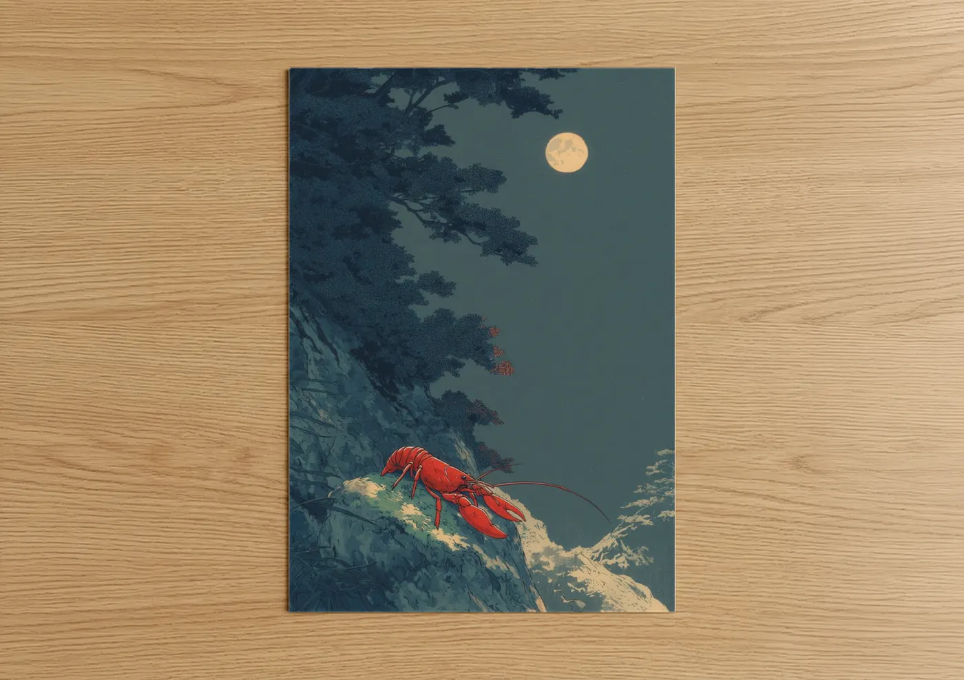 Red Crayfish Moonlit Night Illustration Wall Art
