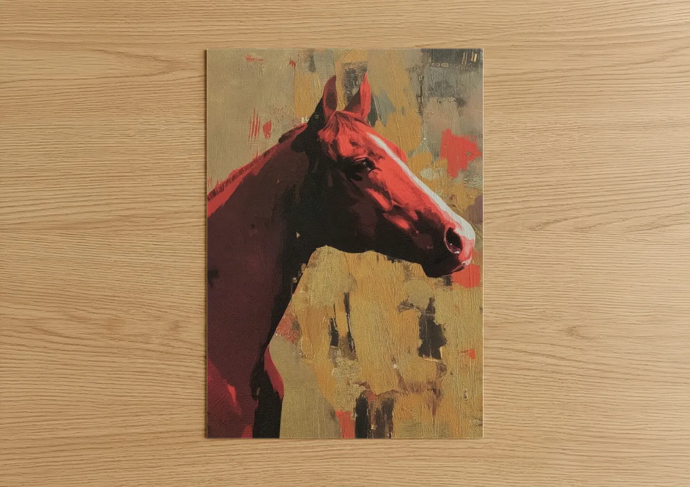 Art print on warm oak wood — red and gold palette — Crimson Quarter Horse poster