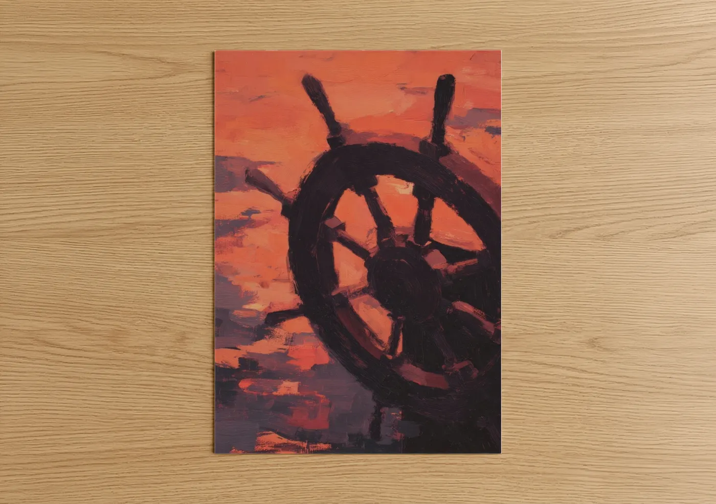 Crimson Shipwheel Sunset Nautical Wall Art