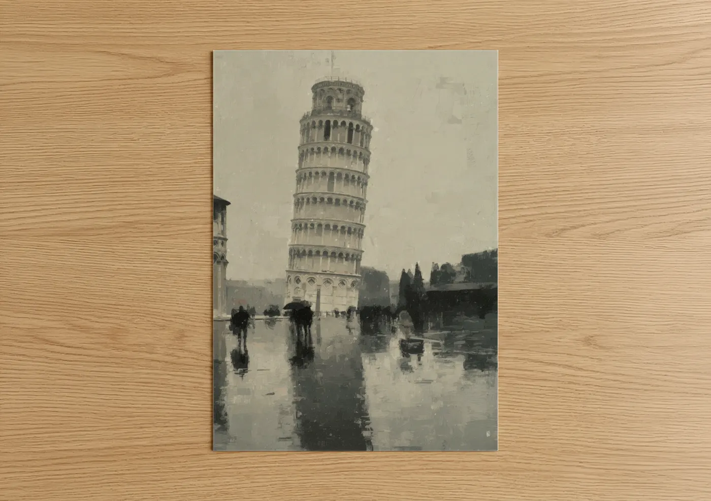 Leaning tower of pisa art print on warm oak wood — gray and white and dove gray palette — Rainy Pisa Tower poster