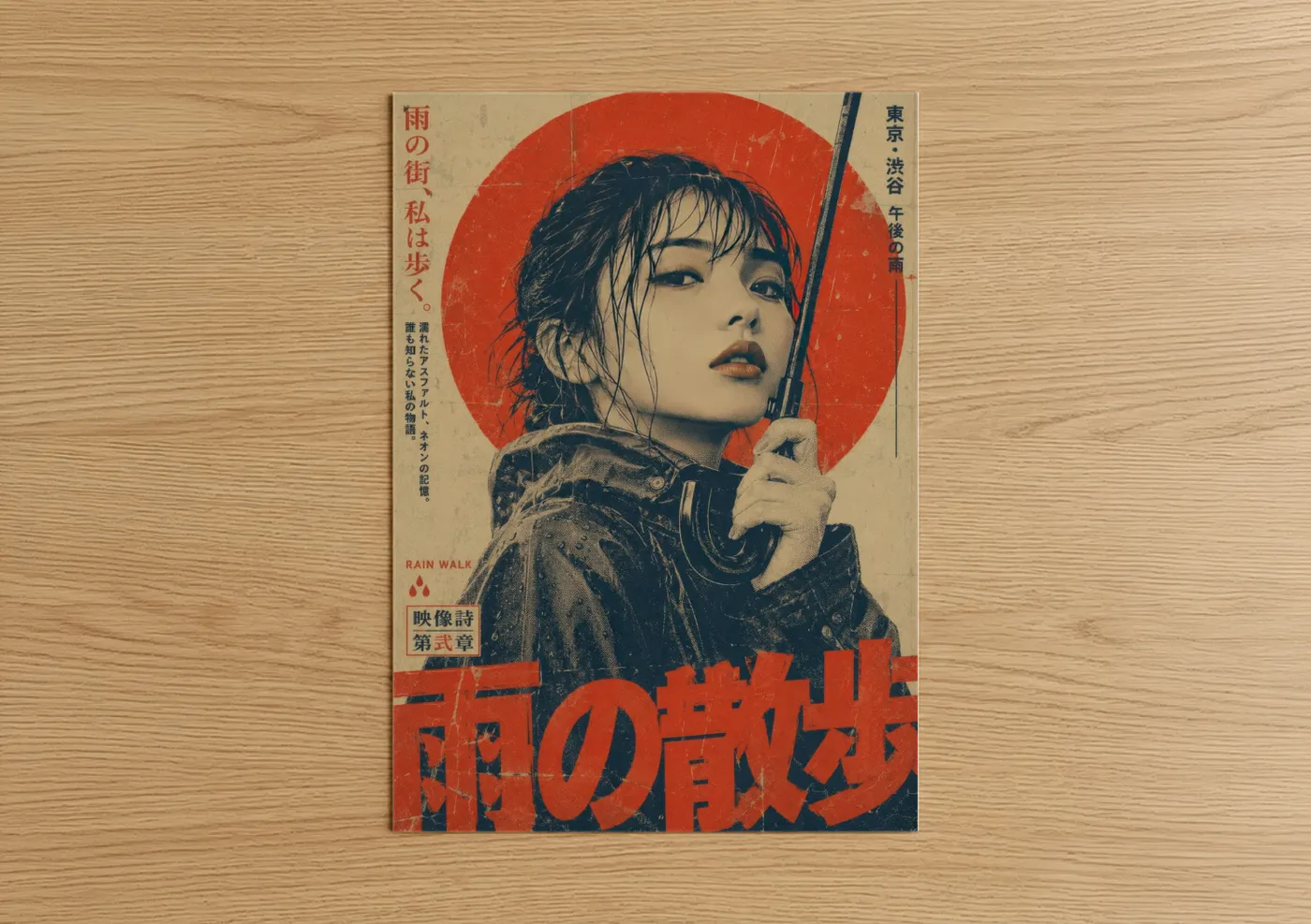 Fashion illustration art print on warm oak wood — red and beige palette — Japanese Retrofuturism Fashion Portrait Wall Art poster